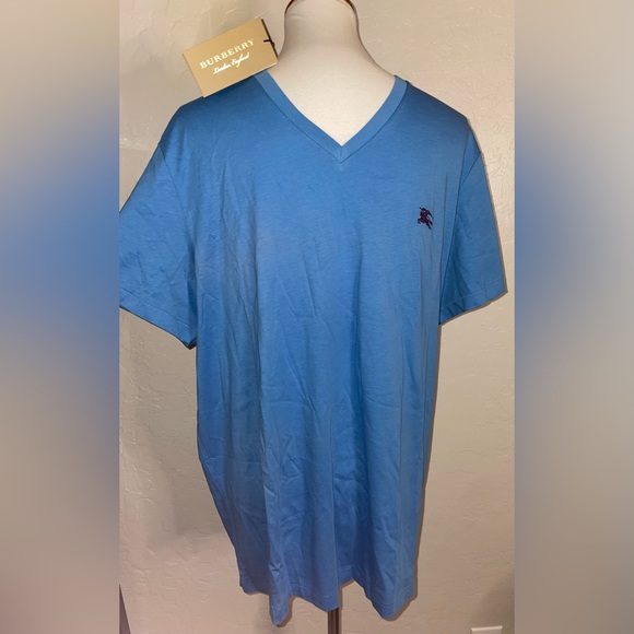 🎉HP🎉New! Burberry Mens V Neck Embroidered Shirt Size XXL m Light Azure Blue👕 - Picture 3 of 9
